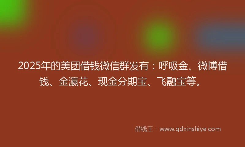 2025年的美团借钱微信群发有：呼吸金、微博借钱、金瀛花、现金分期宝、飞融宝等。
