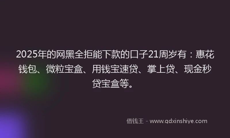 2025年的网黑全拒能下款的口子21周岁有：惠花钱包、微粒宝盒、用钱宝速贷、掌上贷、现金秒贷宝盒等。