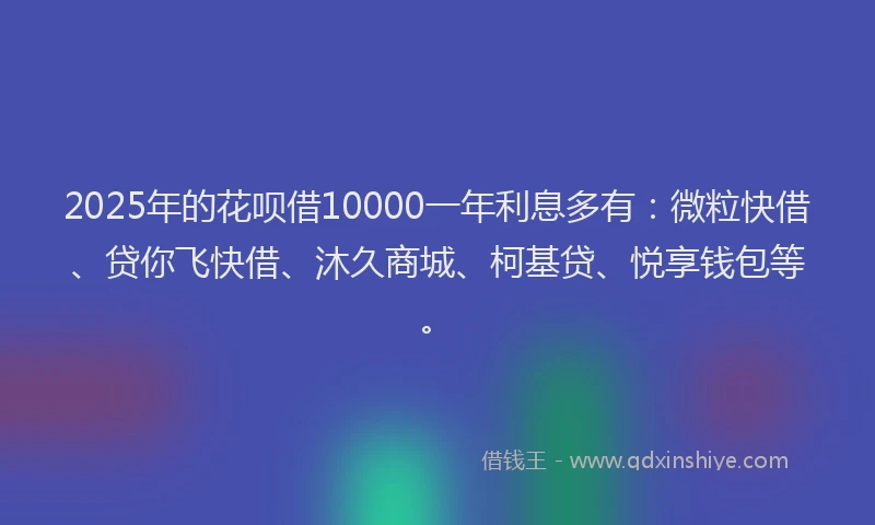 2025年的花呗借10000一年利息多有：微粒快借、贷你飞快借、沐久商城、柯基贷、悦享钱包等。