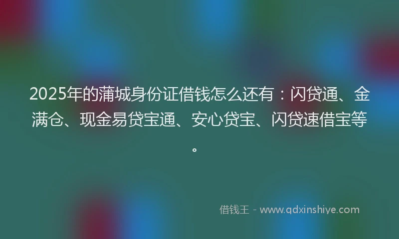 2025年的蒲城身份证借钱怎么还有：闪贷通、金满仓、现金易贷宝通、安心贷宝、闪贷速借宝等。