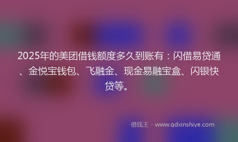 2025年的美团借钱额度多久到账有：闪借易贷通、金悦宝钱包、飞融金、现金易融宝盒、闪银快贷等。