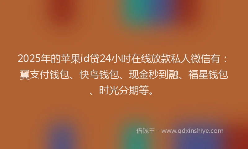 2025年的苹果id贷24小时在线放款私人微信有：翼支付钱包、快鸟钱包、现金秒到融、福星钱包、时光分期等。