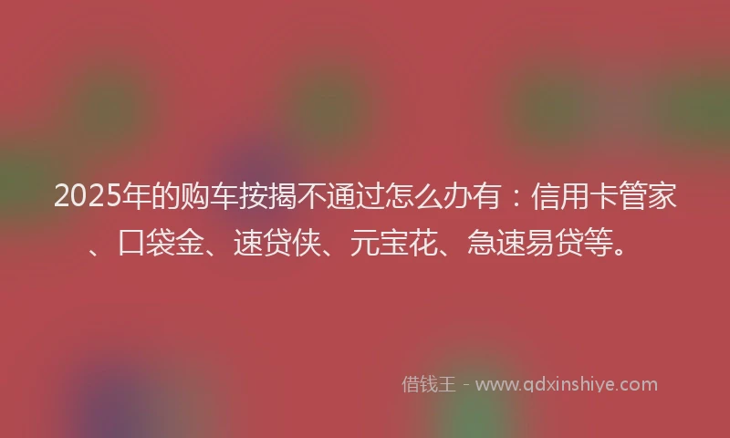 2025年的购车按揭不通过怎么办有：信用卡管家、口袋金、速贷侠、元宝花、急速易贷等。