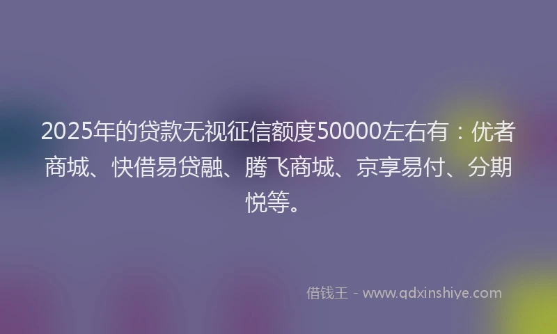 2025年的贷款无视征信额度50000左右有:优者商城、快借易贷融、腾飞商城、京享易付、分期悦等。