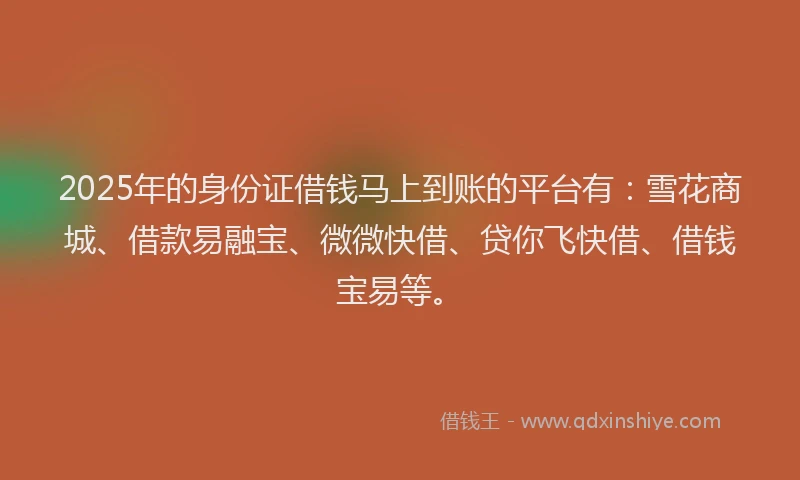 2025年的身份证借钱马上到账的平台有：雪花商城、借款易融宝、微微快借、贷你飞快借、借钱宝易等。