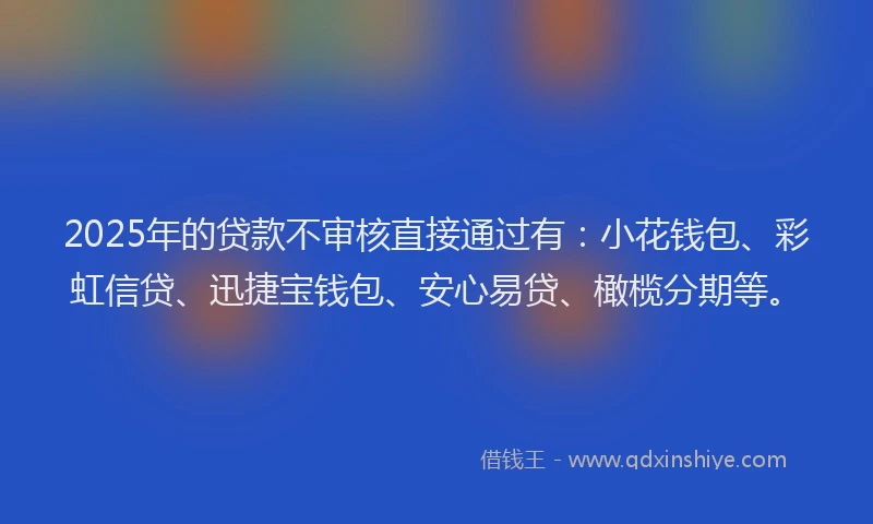 2025年的贷款不审核直接通过有：小花钱包、彩虹信贷、迅捷宝钱包、安心易贷、橄榄分期等。
