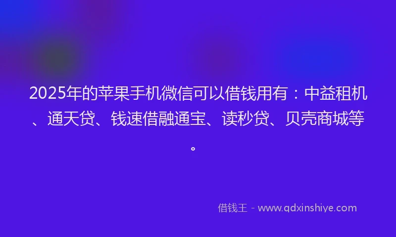 2025年的苹果手机微信可以借钱用有：中益租机、通天贷、钱速借融通宝、读秒贷、贝壳商城等。