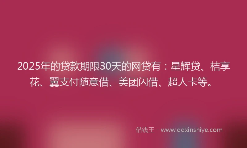 2025年的贷款期限30天的网贷有：星辉贷、桔享花、翼支付随意借、美团闪借、超人卡等。