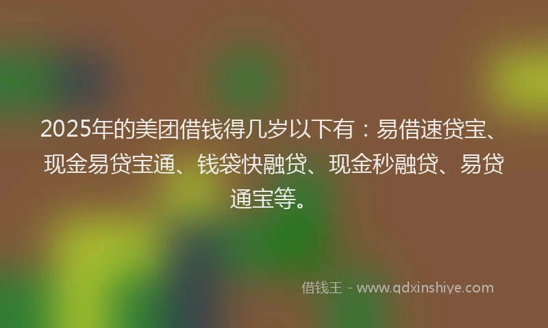 2025年的美团借钱得几岁以下有：易借速贷宝、现金易贷宝通、钱袋快融贷、现金秒融贷、易贷通宝等。