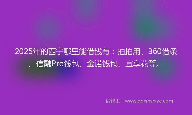 2025年的西宁哪里能借钱有：拍拍用、360借条、信融Pro钱包、金诺钱包、宜享花等。
