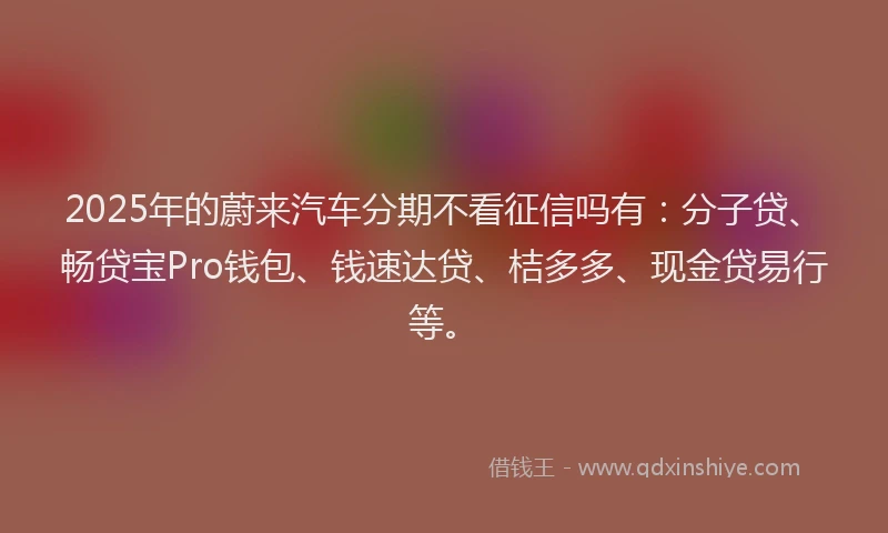 2025年的蔚来汽车分期不看征信吗有：分子贷、畅贷宝Pro钱包、钱速达贷、桔多多、现金贷易行等。