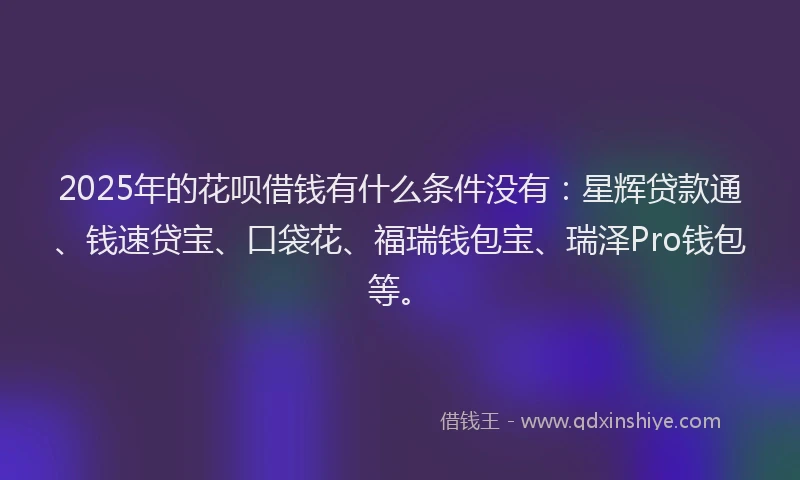 2025年的花呗借钱有什么条件没有：星辉贷款通、钱速贷宝、口袋花、福瑞钱包宝、瑞泽Pro钱包等。