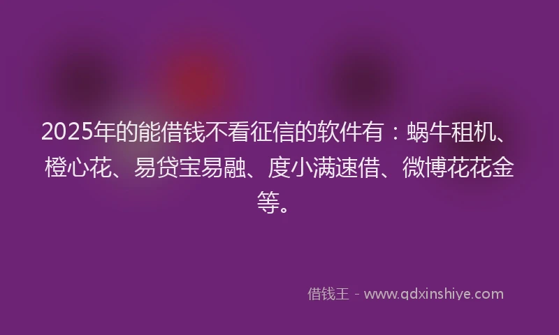2025年的能借钱不看征信的软件有：蜗牛租机、橙心花、易贷宝易融、度小满速借、微博花花金等。