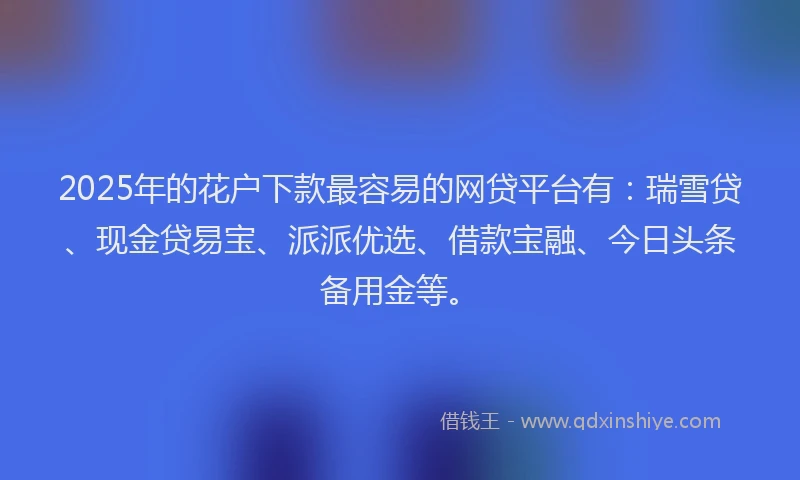 2025年的花户下款最容易的网贷平台有：瑞雪贷、现金贷易宝、派派优选、借款宝融、今日头条备用金等。