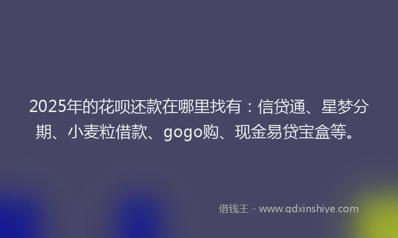 2025年的花呗还款在哪里找有：信贷通、星梦分期、小麦粒借款、gogo购、现金易贷宝盒等。