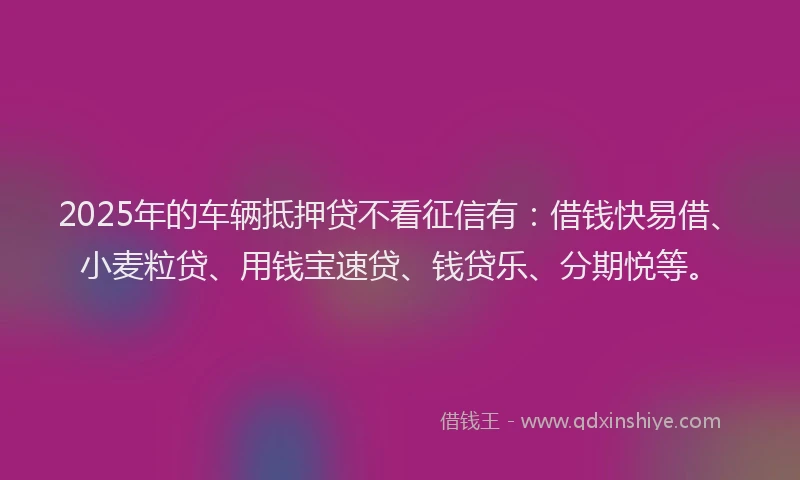 2025年的车辆抵押贷不看征信有：借钱快易借、小麦粒贷、用钱宝速贷、钱贷乐、分期悦等。