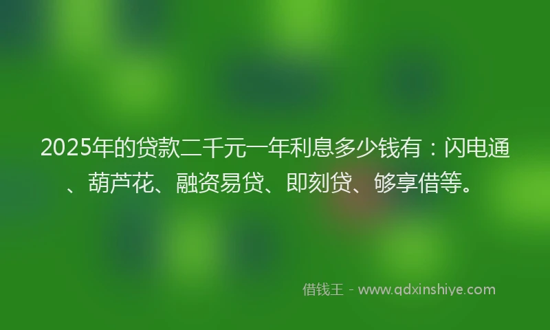 2025年的贷款二千元一年利息多少钱有：闪电通、葫芦花、融资易贷、即刻贷、够享借等。