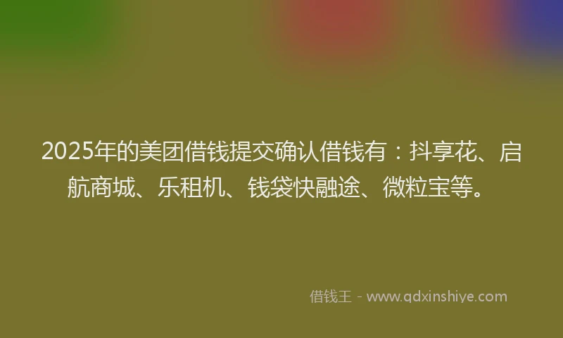 2025年的美团借钱提交确认借钱有：抖享花、启航商城、乐租机、钱袋快融途、微粒宝等。