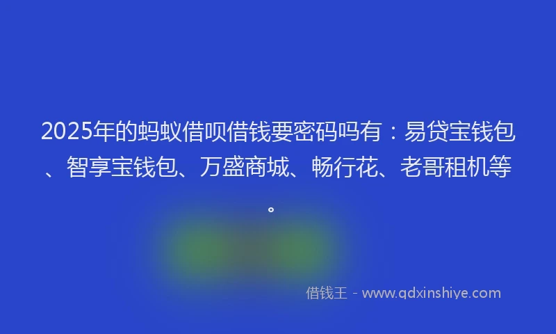 2025年的蚂蚁借呗借钱要密码吗有:易贷宝钱包、智享宝钱包、万盛商城、畅行花、老哥租机等。