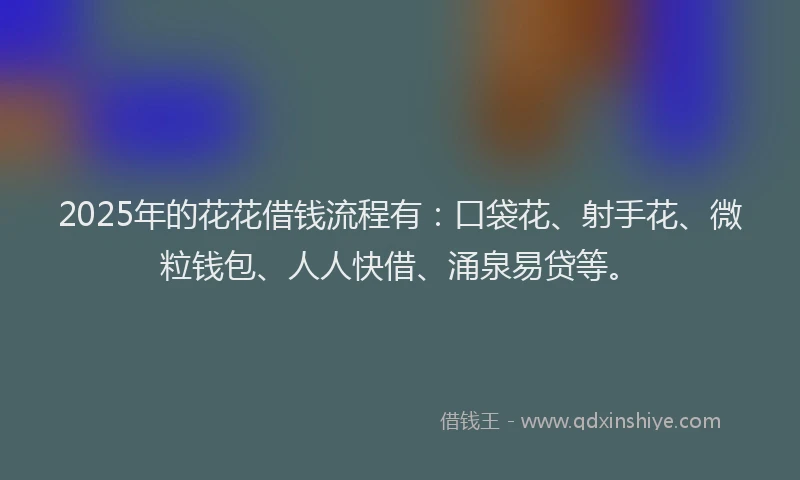 2025年的花花借钱流程有：口袋花、射手花、微粒钱包、人人快借、涌泉易贷等。