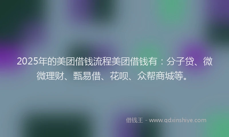 2025年的美团借钱流程美团借钱有：分子贷、微微理财、甄易借、花呗、众帮商城等。