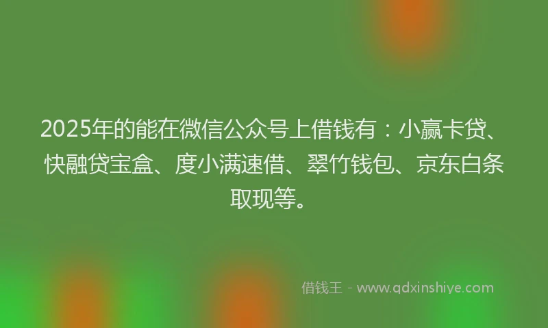 2025年的能在微信公众号上借钱有：小赢卡贷、快融贷宝盒、度小满速借、翠竹钱包、京东白条取现等。