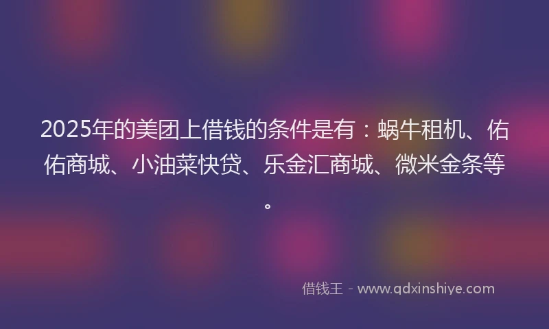 2025年的美团上借钱的条件是有：蜗牛租机、佑佑商城、小油菜快贷、乐金汇商城、微米金条等。