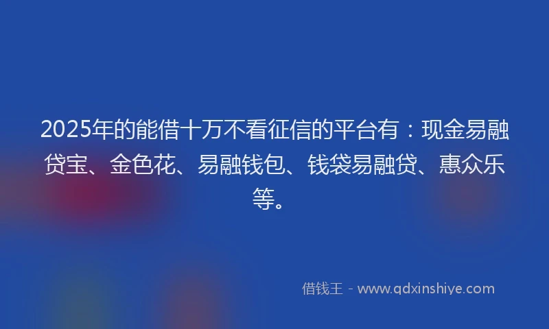 2025年的能借十万不看征信的平台有：现金易融贷宝、金色花、易融钱包、钱袋易融贷、惠众乐等。