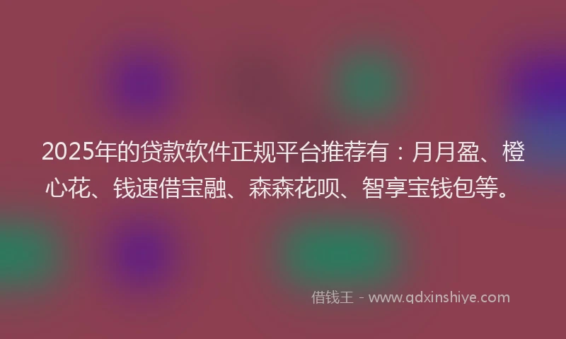 2025年的贷款软件正规平台推荐有：月月盈、橙心花、钱速借宝融、森森花呗、智享宝钱包等。