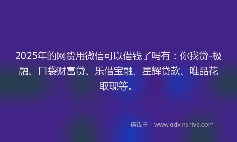 2025年的网货用微信可以借钱了吗有：你我贷-极融、口袋财富贷、乐借宝融、星辉贷款、唯品花取现等。