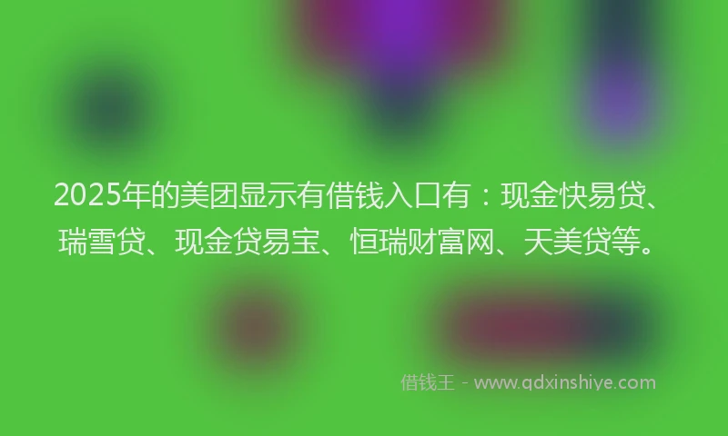 2025年的美团显示有借钱入口有：现金快易贷、瑞雪贷、现金贷易宝、恒瑞财富网、天美贷等。