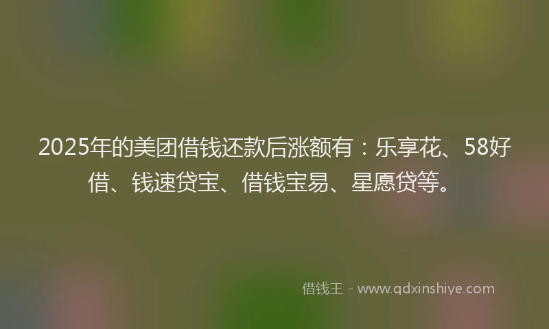 2025年的美团借钱还款后涨额有：乐享花、58好借、钱速贷宝、借钱宝易、星愿贷等。