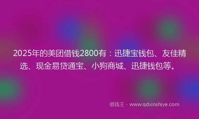 2025年的美团借钱2800有：迅捷宝钱包、友佳精选、现金易贷通宝、小狗商城、迅捷钱包等。