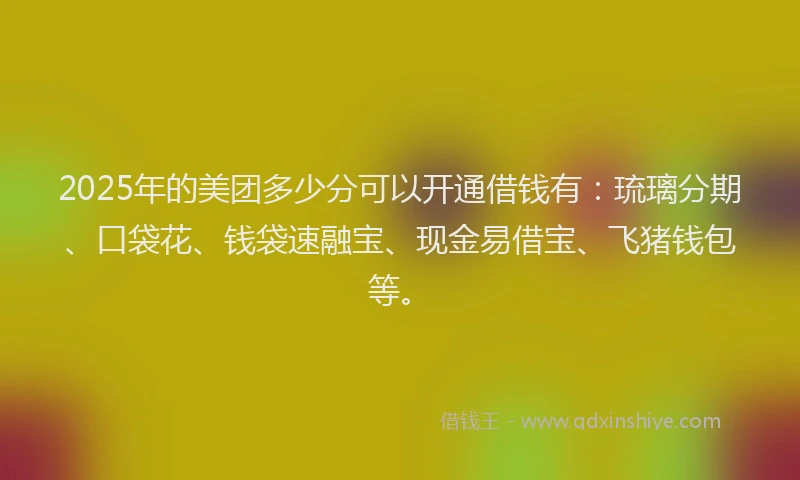 2025年的美团多少分可以开通借钱有：琉璃分期、口袋花、钱袋速融宝、现金易借宝、飞猪钱包等。