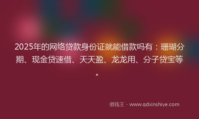 2025年的网络贷款身份证就能借款吗有：珊瑚分期、现金贷速借、天天盈、龙龙用、分子贷宝等。