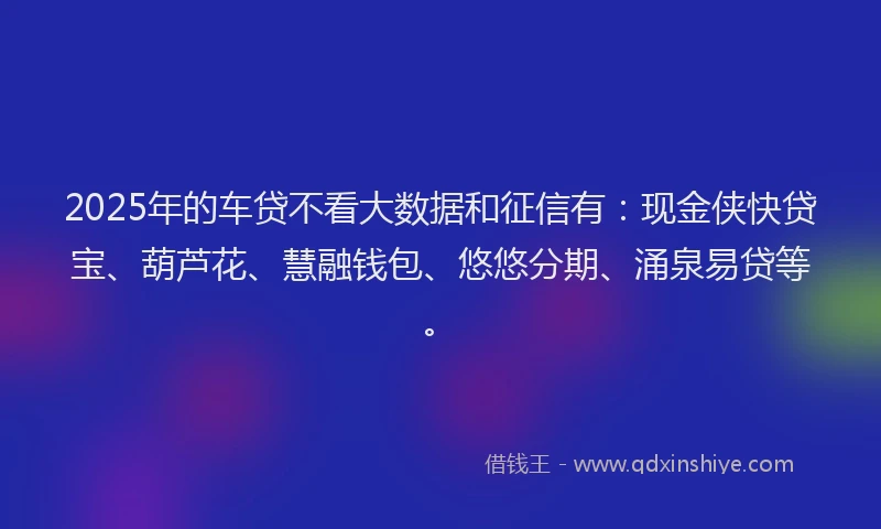 2025年的车贷不看大数据和征信有：现金侠快贷宝、葫芦花、慧融钱包、悠悠分期、涌泉易贷等。