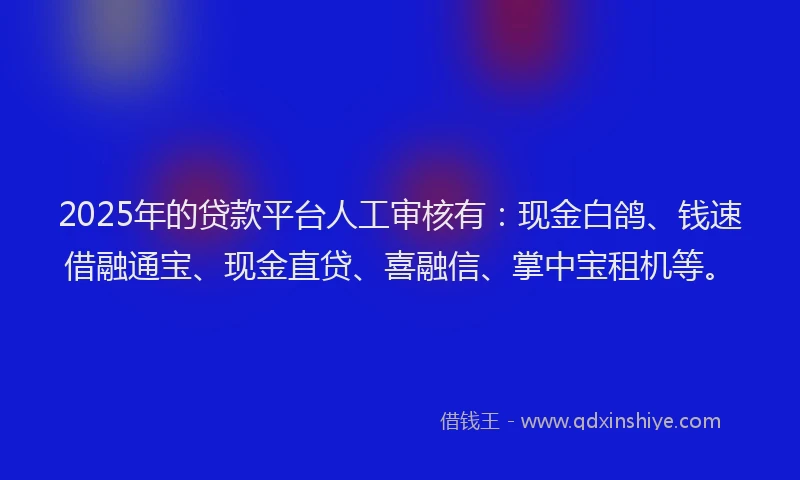 2025年的贷款平台人工审核有：现金白鸽、钱速借融通宝、现金直贷、喜融信、掌中宝租机等。