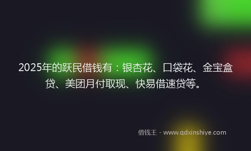 2025年的跃民借钱有：银杏花、口袋花、金宝盒贷、美团月付取现、快易借速贷等。
