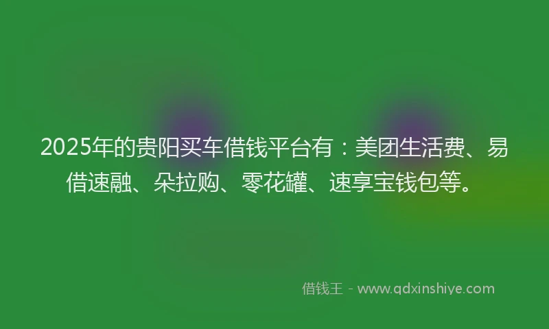 2025年的贵阳买车借钱平台有：美团生活费、易借速融、朵拉购、零花罐、速享宝钱包等。