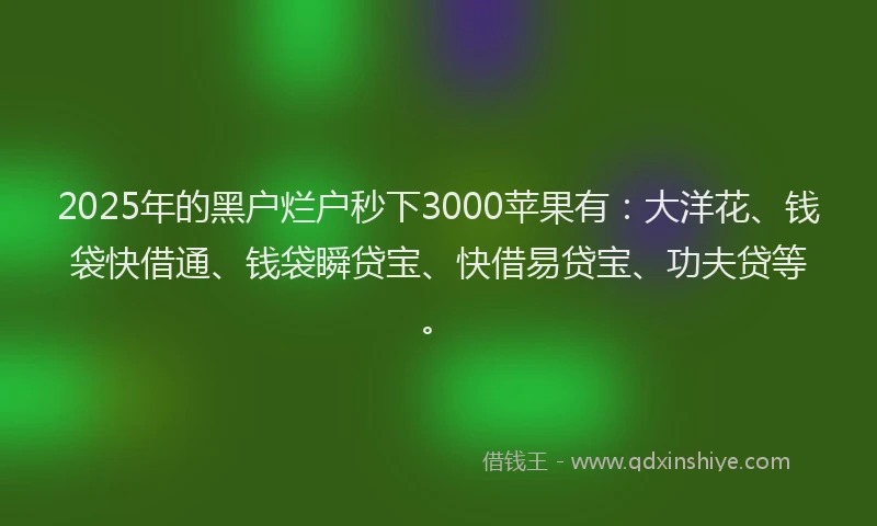 2025年的黑户烂户秒下3000苹果有：大洋花、钱袋快借通、钱袋瞬贷宝、快借易贷宝、功夫贷等。
