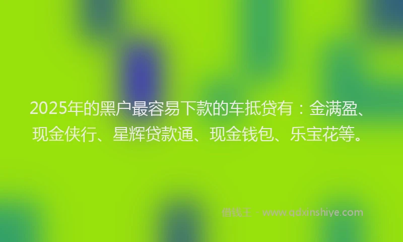 2025年的黑户最容易下款的车抵贷有:金满盈、现金侠行、星辉贷款通、现金钱包、乐宝花等。
