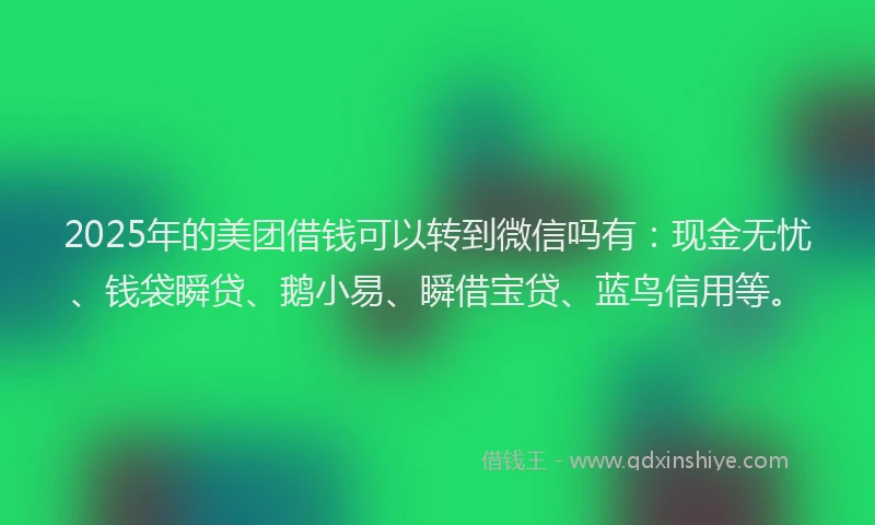 2025年的美团借钱可以转到微信吗有：现金无忧、钱袋瞬贷、鹅小易、瞬借宝贷、蓝鸟信用等。