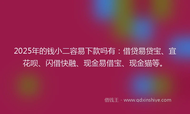 2025年的钱小二容易下款吗有：借贷易贷宝、宜花呗、闪借快融、现金易借宝、现金猫等。