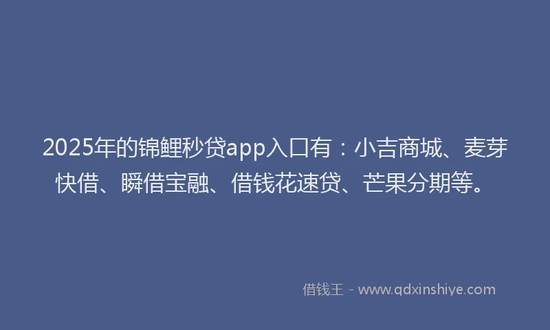 2025年的锦鲤秒贷app入口有:小吉商城、麦芽快借、瞬借宝融、借钱花速贷、芒果分期等。