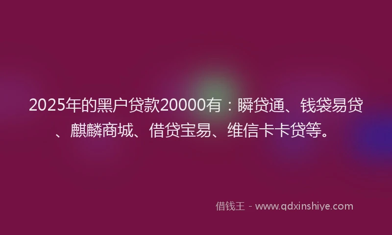 2025年的黑户贷款20000有：瞬贷通、钱袋易贷、麒麟商城、借贷宝易、维信卡卡贷等。