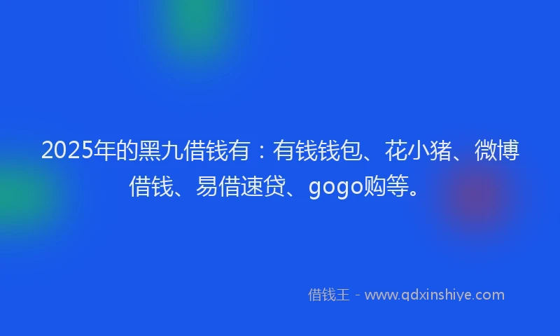2025年的黑九借钱有：有钱钱包、花小猪、微博借钱、易借速贷、gogo购等。