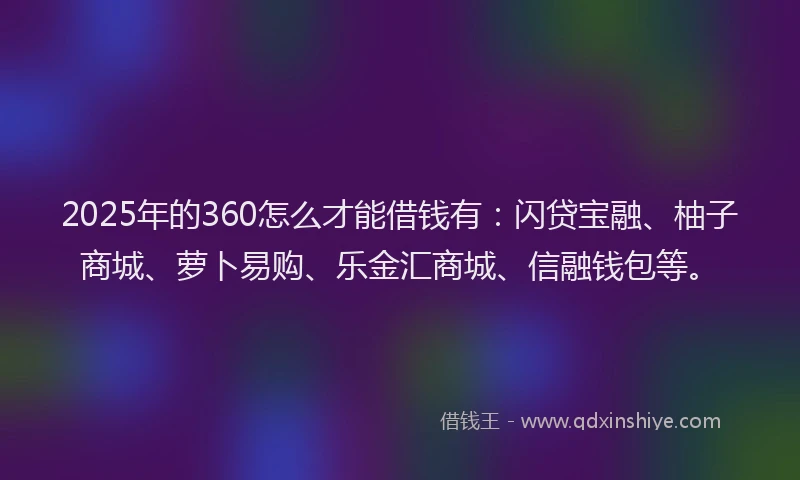 2025年的360怎么才能借钱有：闪贷宝融、柚子商城、萝卜易购、乐金汇商城、信融钱包等。