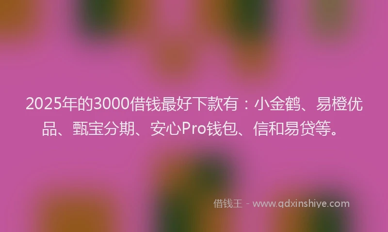 2025年的3000借钱最好下款有：小金鹤、易橙优品、甄宝分期、安心Pro钱包、信和易贷等。