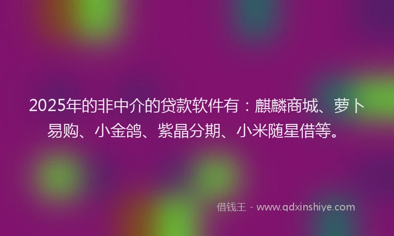 2025年的非中介的贷款软件有：麒麟商城、萝卜易购、小金鸽、紫晶分期、小米随星借等。
