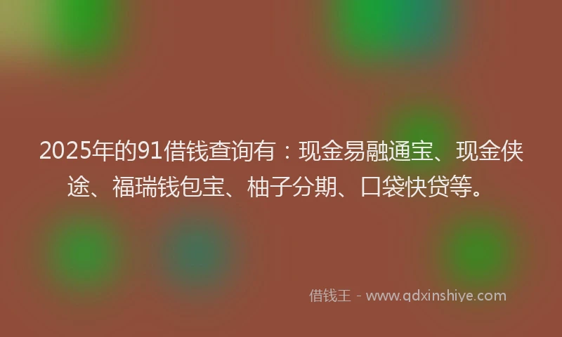 2025年的91借钱查询有：现金易融通宝、现金侠途、福瑞钱包宝、柚子分期、口袋快贷等。